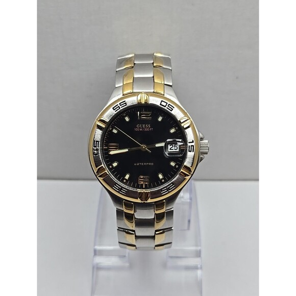 Guess Waterpro G66036G Mens Two Tone 100M Quartz Watch Date Bezel New Battery - Picture 1 of 9